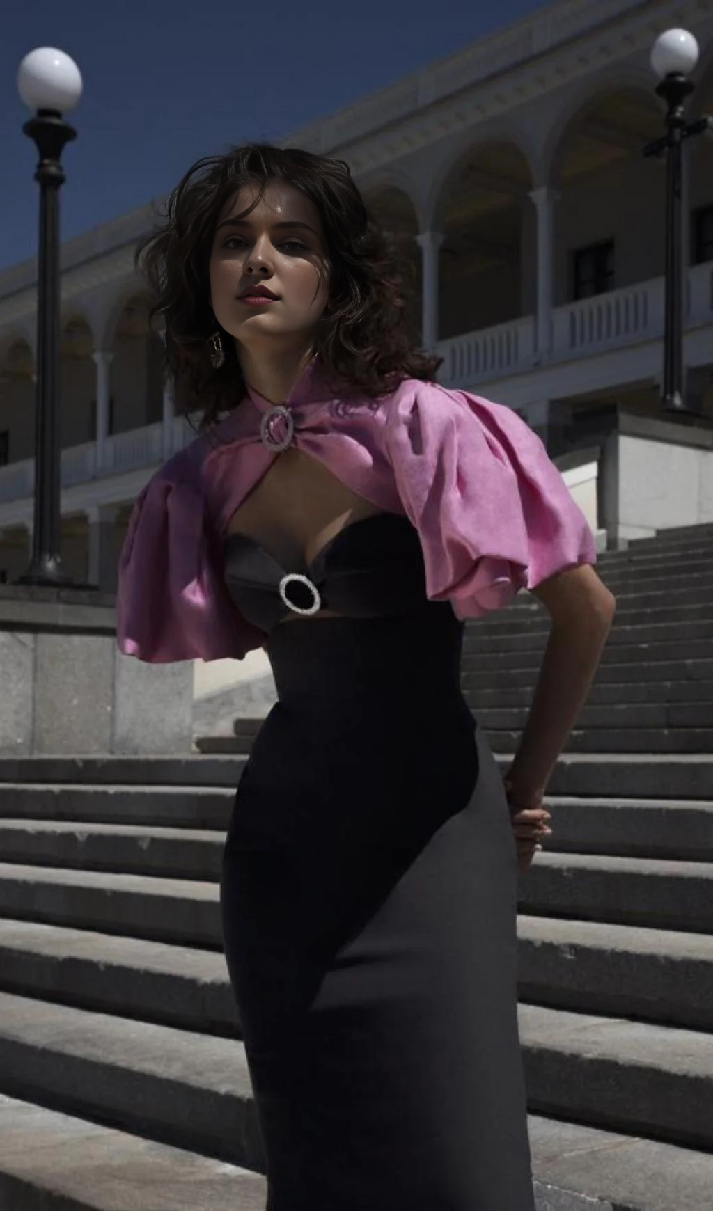 Robe de bal formelle à dos nu, manches bouffantes et col haut